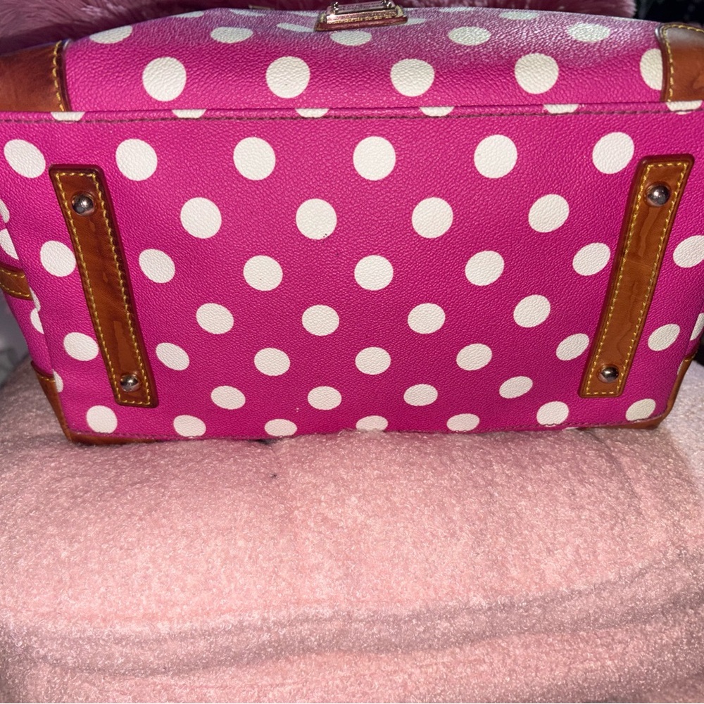 Dooney & Bourke Hot Pink and White Polka Dot Satchel with Brown Trim - Picture 4 of 11